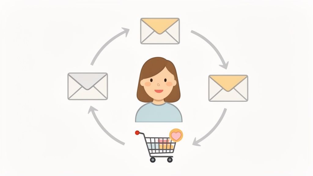Een vrouw in het midden met e-mails die ronddraaien, een winkelwagentje eronder. Symboliseert e-mailmarketing en klantbetrokkenheid.