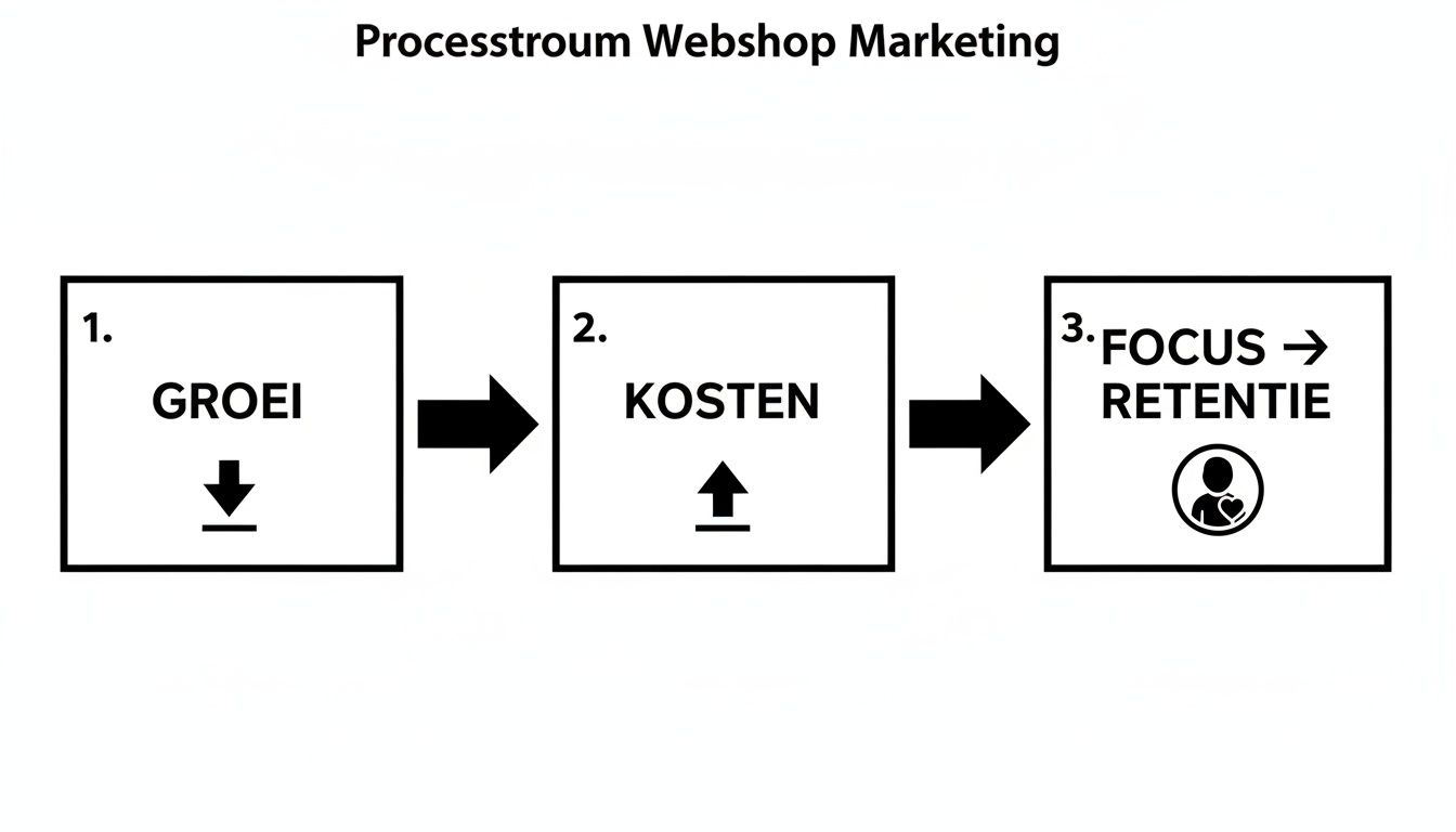 Diagram met de processtroom voor webshop marketing, met stappen voor groei, kosten en focus op retentie.