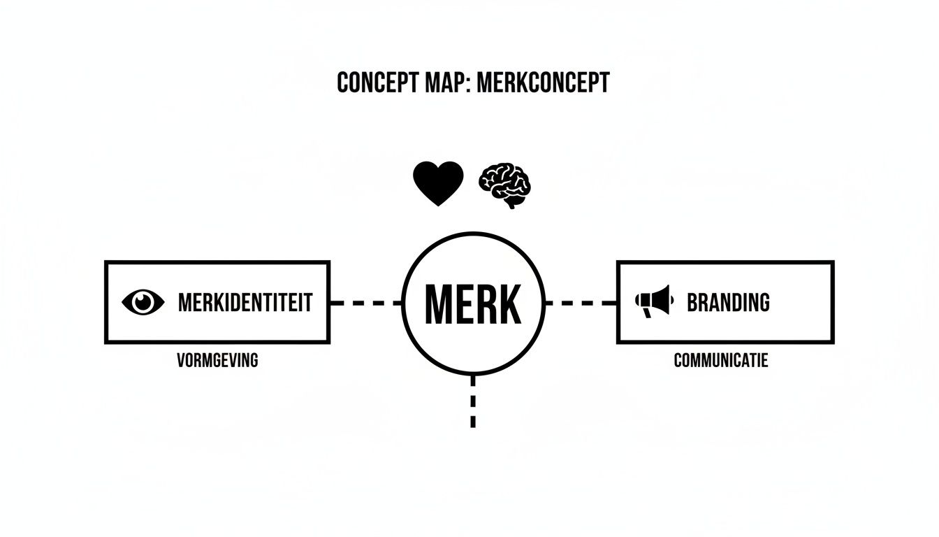 Conceptmap die het merkconcept visualiseert, met merkidentiteit (vormgeving) en branding (communicatie) in relatie tot merk.