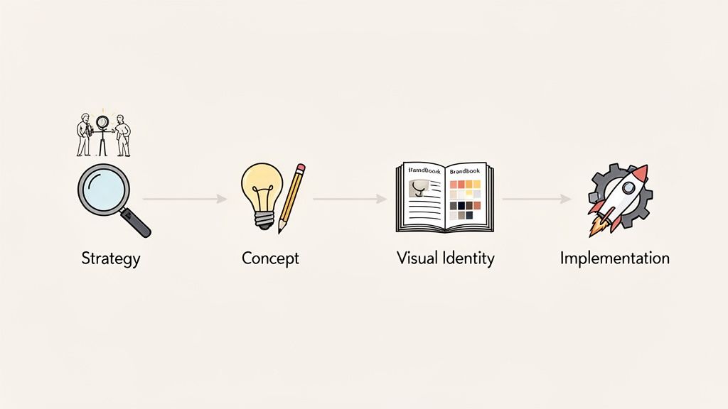 Een visuele weergave van het brandingproces met vier stappen: strategie, concept, visuele identiteit en implementatie.