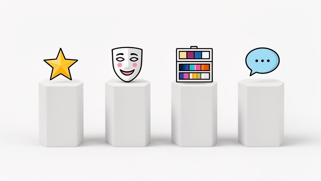 Vier witte sokkels met iconen: een gele ster, een lachend theatermasker, een kleurpalet en een spraakballon.
