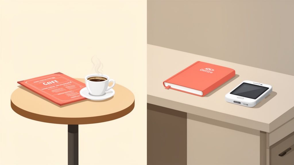 Een illustratie van een cafétafel met stomende koffie en een koraalrood menu, naast een bureau met een notitieboekje en smartphone.