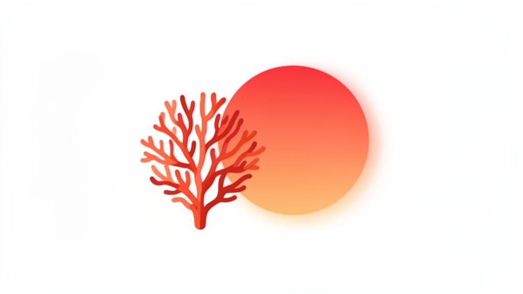 Gestileerd koraal en een grote, rode, oranje cirkel op een witte achtergrond.