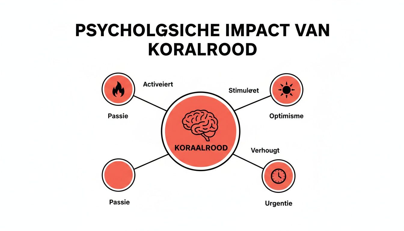 Een infographic die de psychologische impact van koraalrood uitlegt, inclusief passie, optimisme en urgentie.