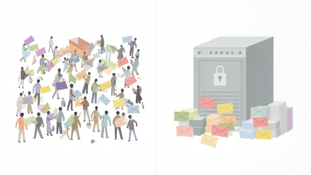 Mensen dragen gekleurde enveloppen versus een beveiligde server met gestapelde post en slot.
