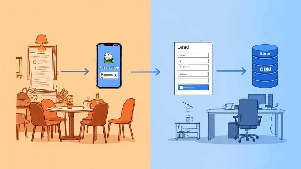 Workflow van restaurantreservering via een mobiele app naar leadgeneratie en CRM-integratie.