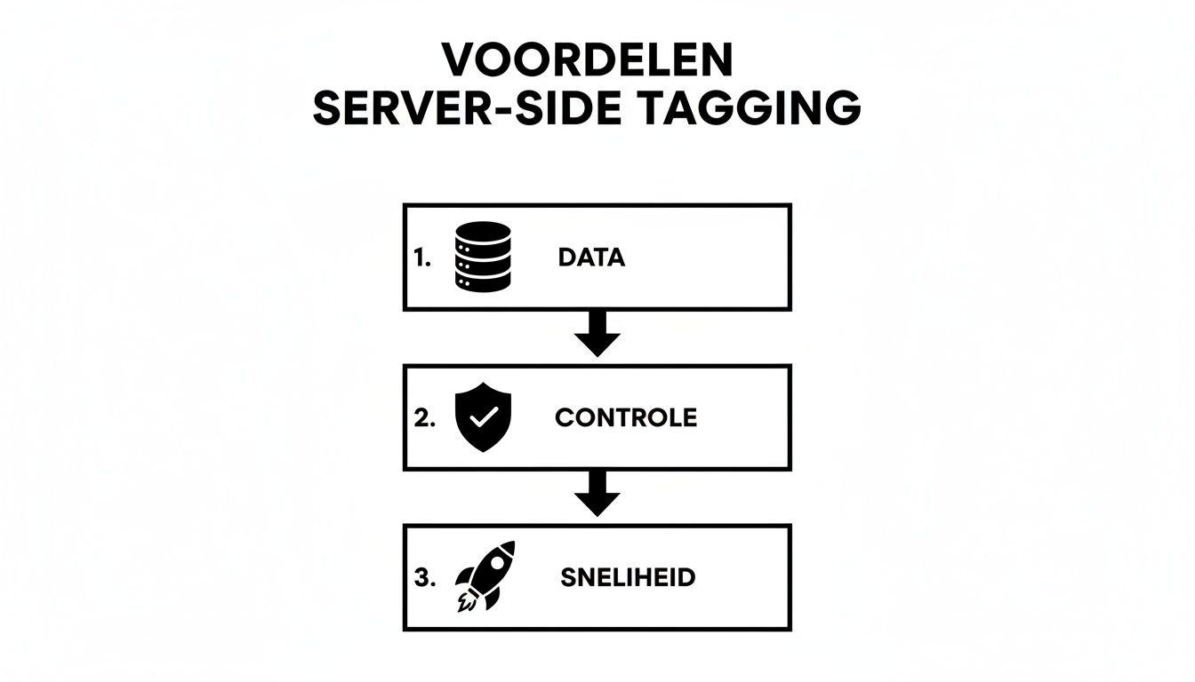 Diagram met de voordelen van server-side tagging: data, controle en snelheid.