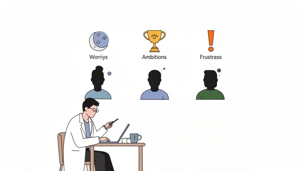 Een persoon in een laboratoriumjas werkt aan een laptop, omringd door iconen die zorgen, ambities en frustraties voorstellen.