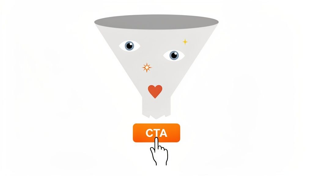 Een visuele marketingtrechter met ogen, sterren en een hart, waarbij een hand op een 'CTA'-knop klikt.