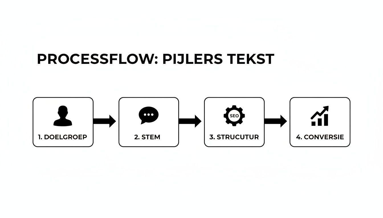 Een procesflow die de vier essentiële pijlers toont voor het schrijven van effectieve teksten: doelgroep, stem, structuur en conversie.