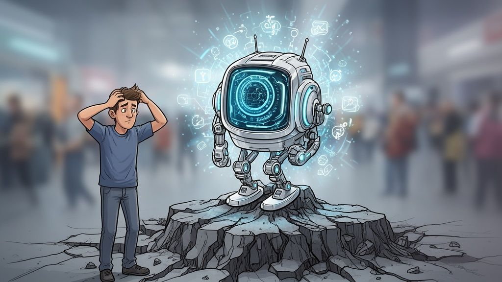 Een verwarde jonge man kijkt naar een futuristische robot die op een gebarsten ondergrond staat met digitale hologrammen.