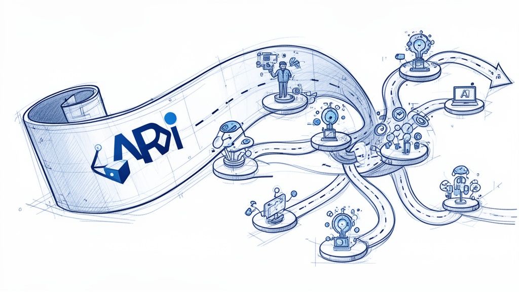 Een conceptuele illustratie van een technologie roadmap die kunstmatige intelligentie integreert in verschillende bedrijfs- en automatiseringsprocessen.