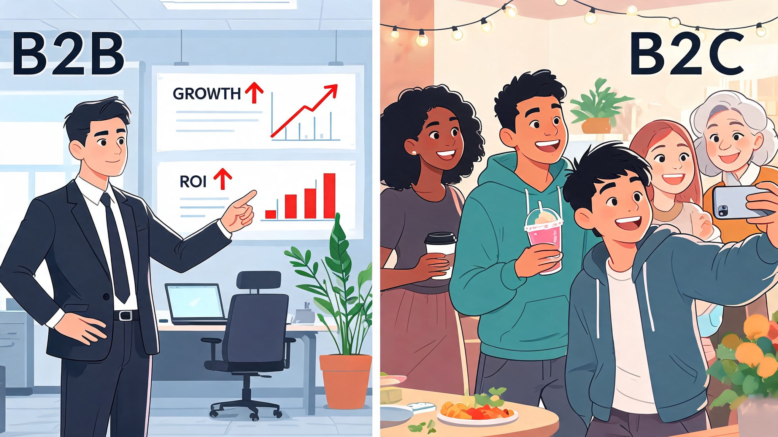 Een vergelijking illustratie die het verschil toont tussen B2B zakelijke groei en B2C persoonlijke consumenteninteractie.