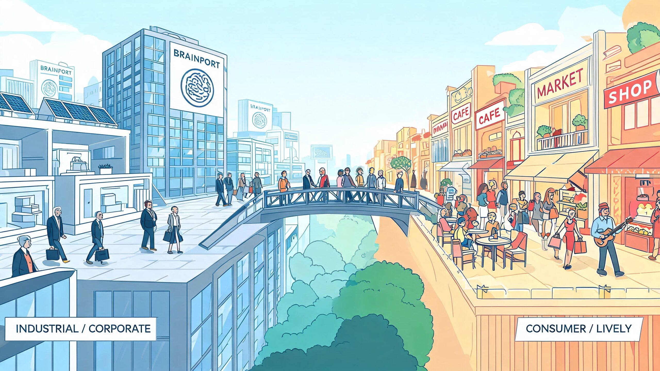 Een illustratie van een stad met een zakelijk gedeelte links en een levendig winkelgebied rechts, verbonden door een brug.