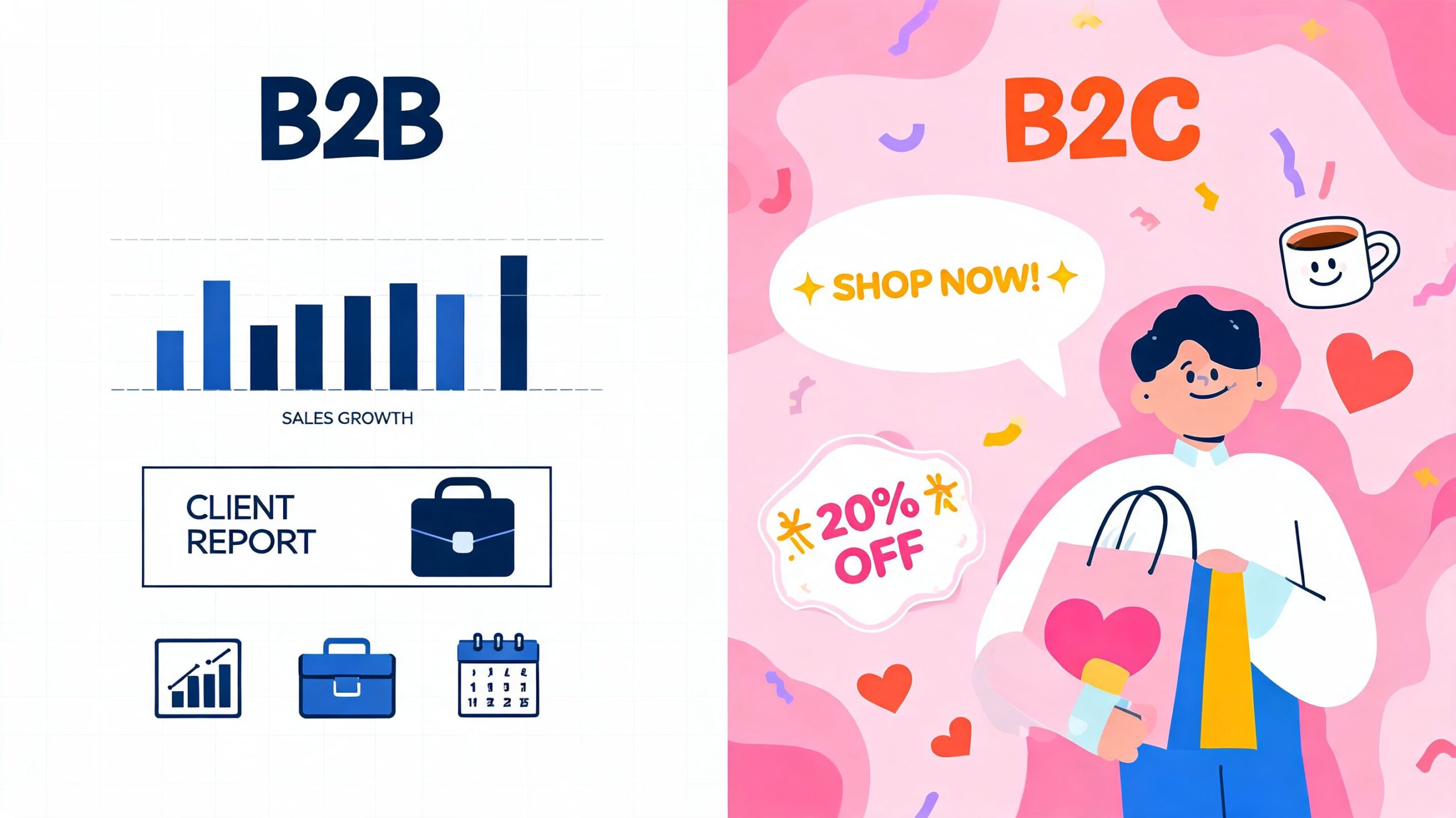 Een grafische vergelijking tussen B2B zakelijke rapportage en B2C consumentenwinkelen met een kortingsaanbieding.