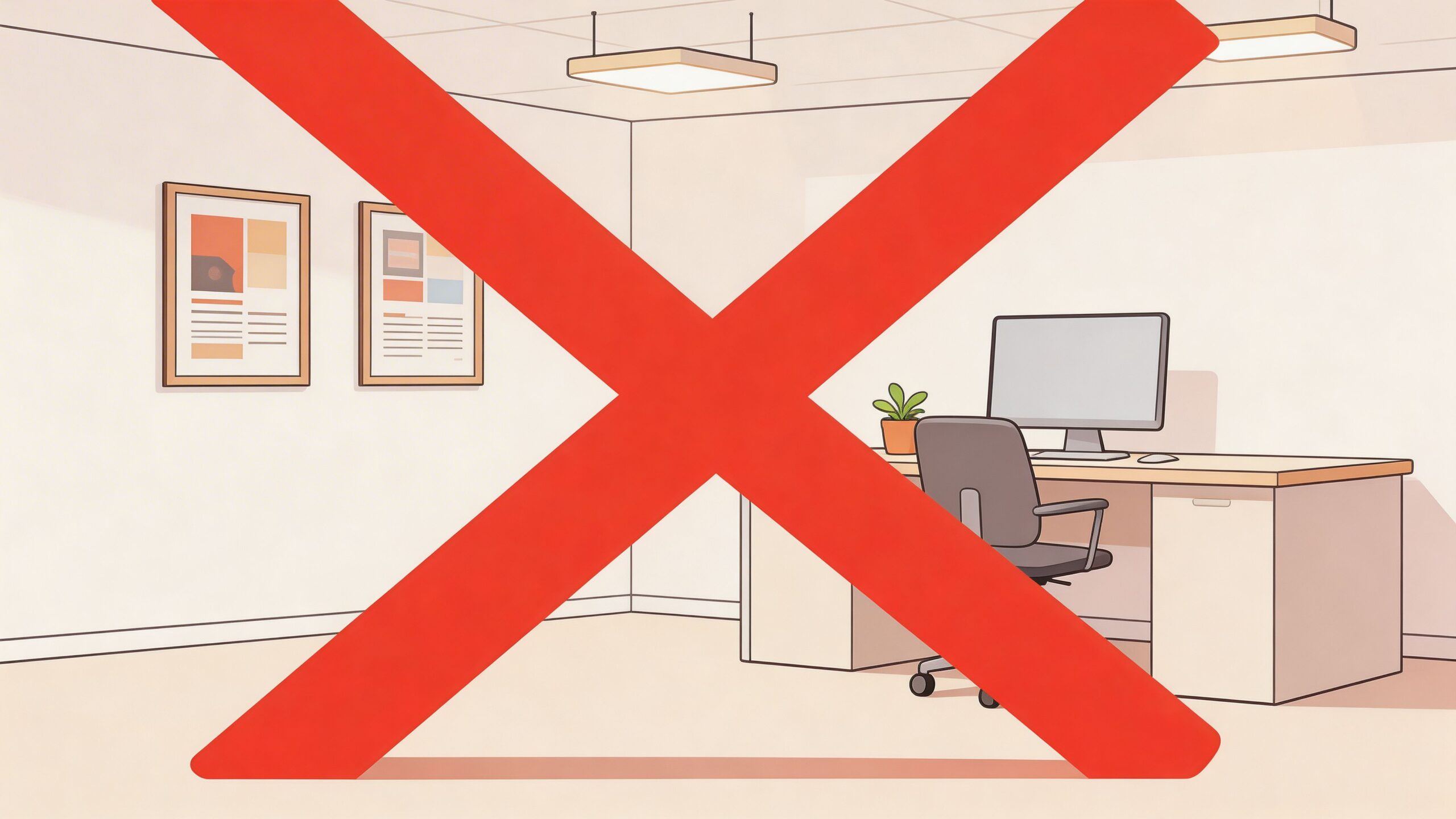 Een gestileerde illustratie van een modern kantoor met een leeg bureau, een stoel en aan de muur hangende kunst.