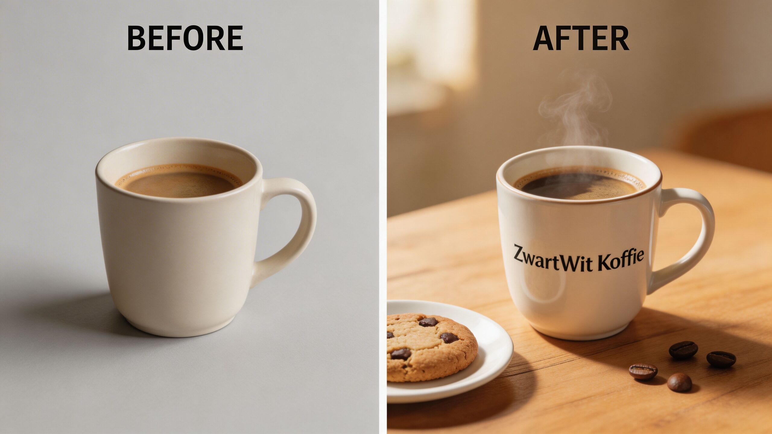 Een vergelijking tussen een eenvoudige mok koffie en een sfeervolle presentatie van ZwartWit Koffie met een koekje.