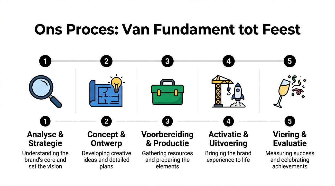 Een stappenplan genaamd ons proces, van fundering tot feest, met vijf duidelijke fasen voor merkactivatie.