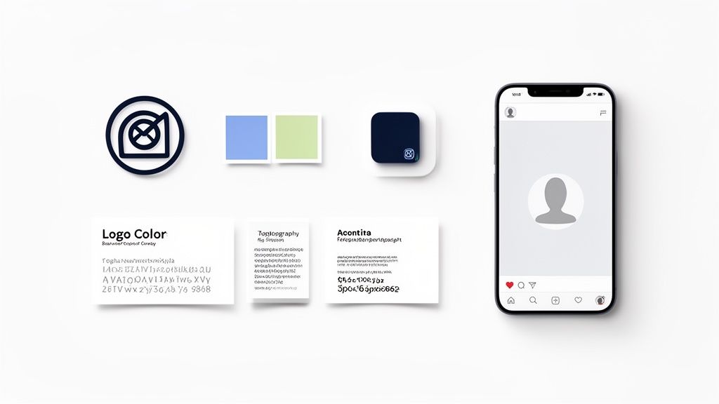 Overzicht van branding elementen: een logo, kleurenpalet, typografie en een smartphone met social media app.