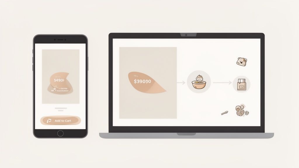 Een mobiele telefoon en laptop tonen een e-commerce branding design met prijzen en productpictogrammen.