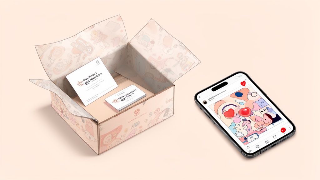 Een open roze doos met illustraties en kaarten naast een smartphone met kleurrijke afbeelding.
