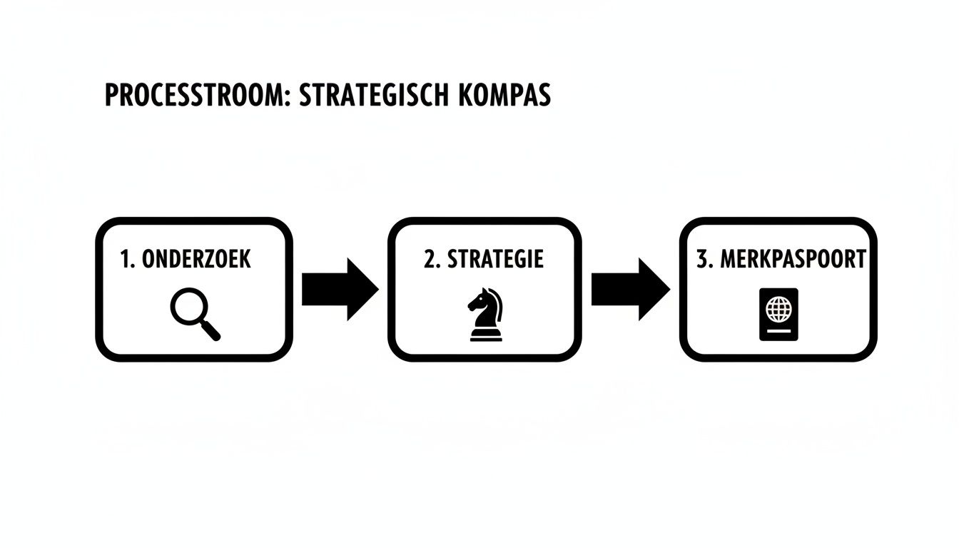 Processtroom: Strategisch Kompas met stappen Onderzoek, Strategie en Merkpaspoort in een lineaire flow.