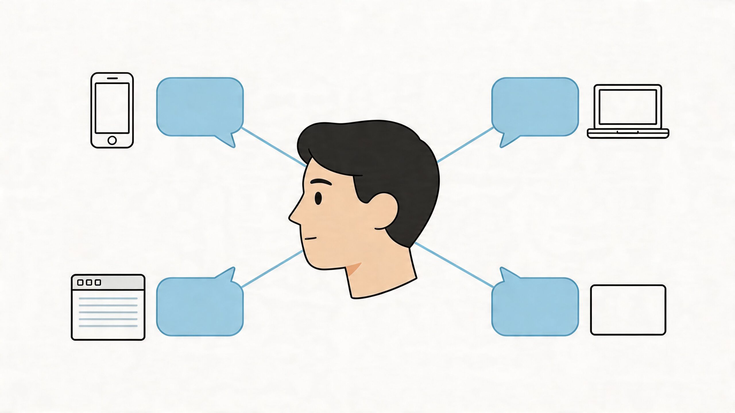 Een illustratie van een menselijk hoofd verbonden met vier verschillende digitale apparaten via tekstballonnen voor communicatie.
