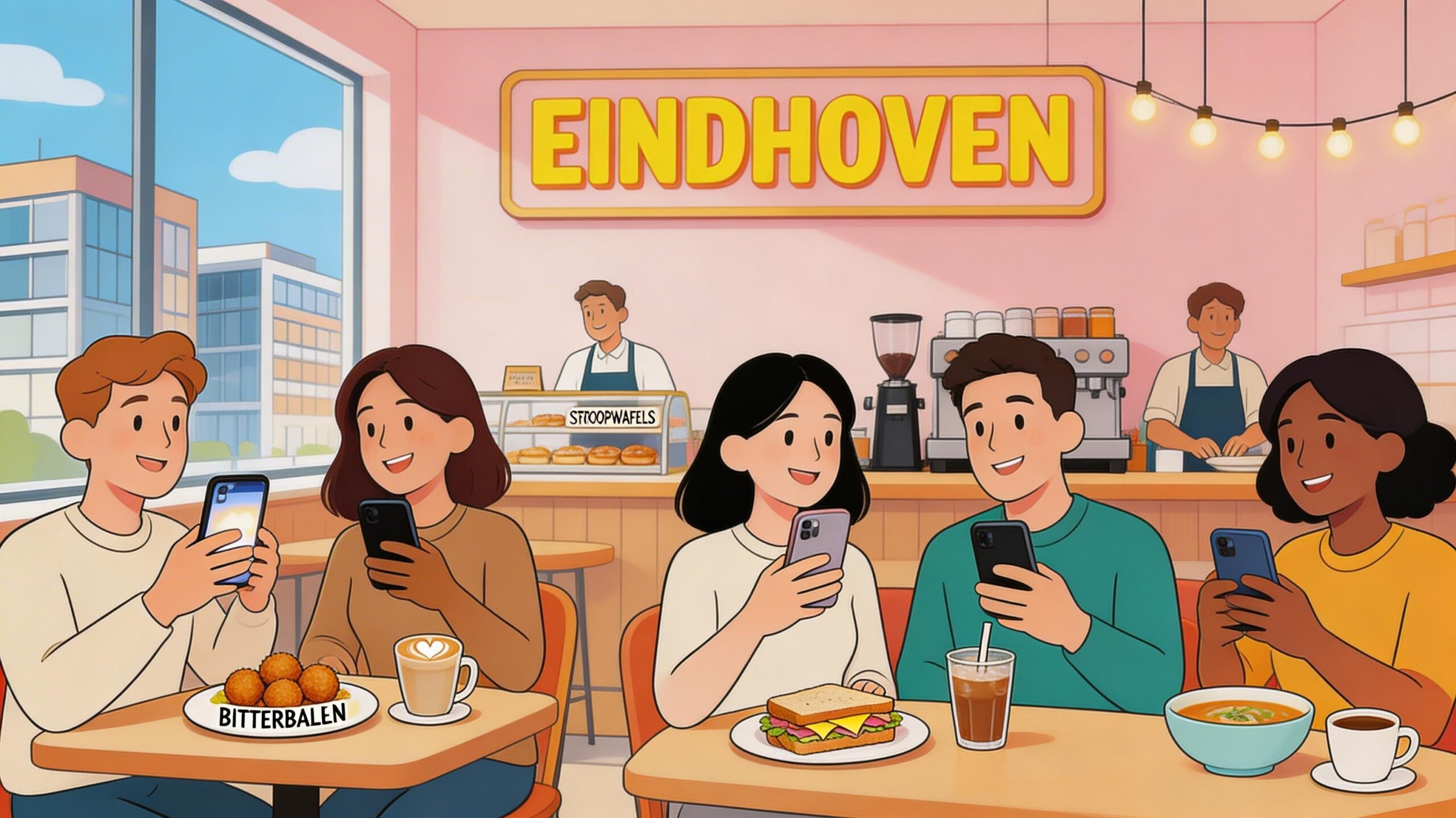 Een groep vrienden zit in een gezellig café in Eindhoven met hun telefoons, eten en drinken.