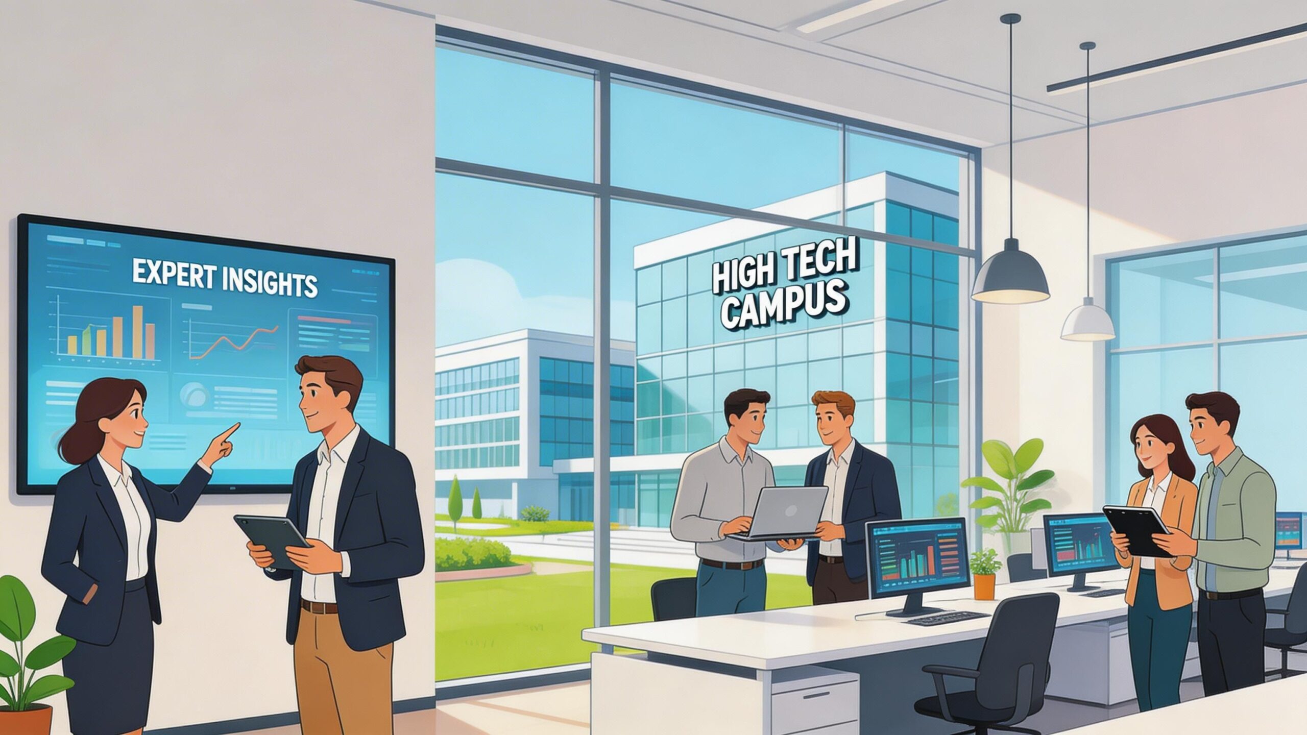 Een professioneel team bespreekt bedrijfsstrategieën en datagegevens in een modern kantoor met uitzicht op een tech-campus.