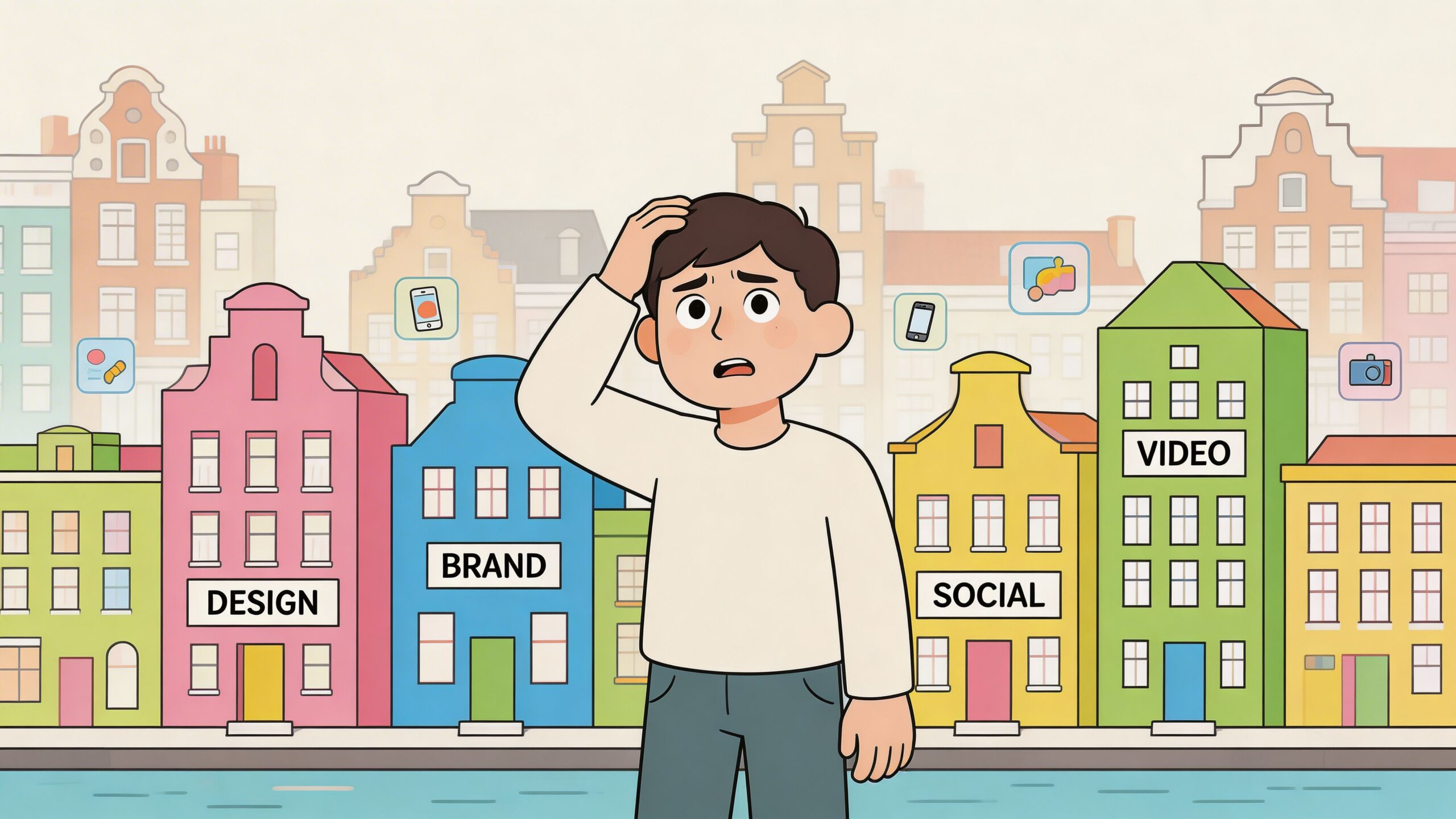 Een verwarde jongeman staat voor kleurrijke Amsterdamse grachtenpanden die creatieve diensten zoals design, branding, social media en video vertegenwoordigen.