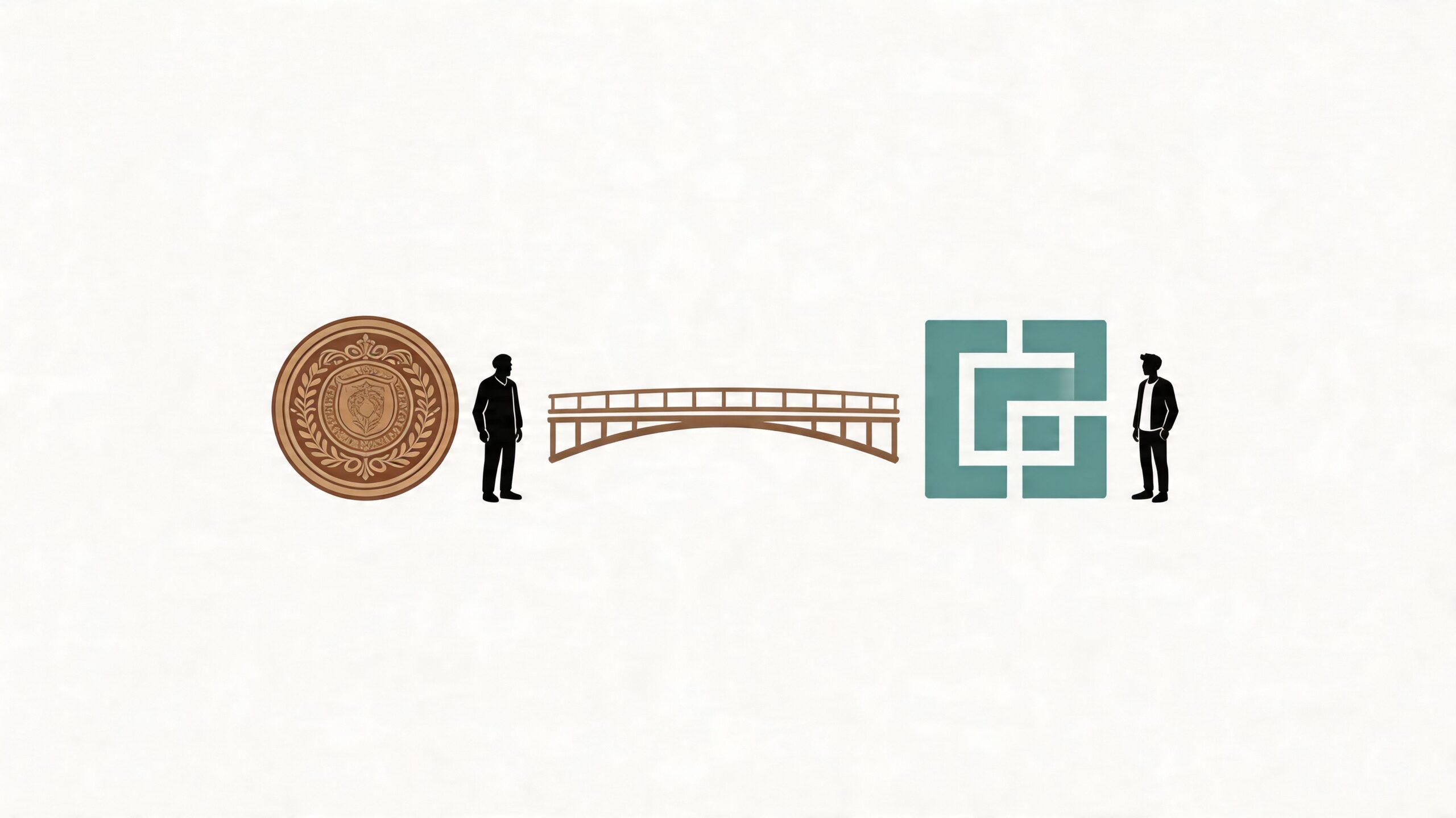 Een conceptuele illustratie van een klantreis met twee personen verbonden door een brug tussen twee iconen.