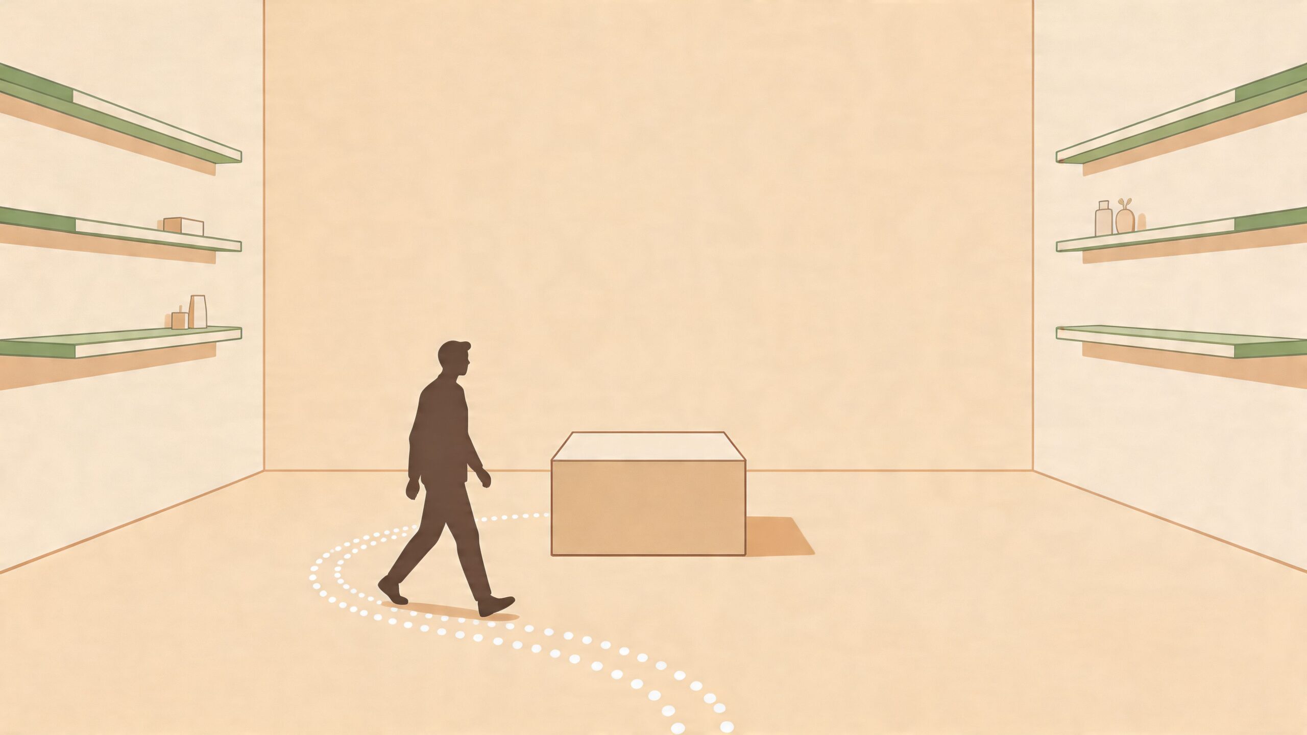 Een minimalistische illustratie van een klant die langs een winkeldisplay loopt om een klantreis te visualiseren.