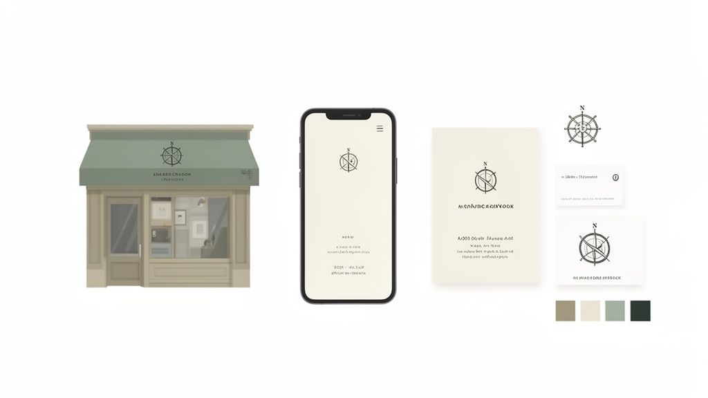 Illustratie van branding voor een winkel, inclusief gevel, telefoonapp, visitekaartjes en kleurenpalet met kompasrooslogo.