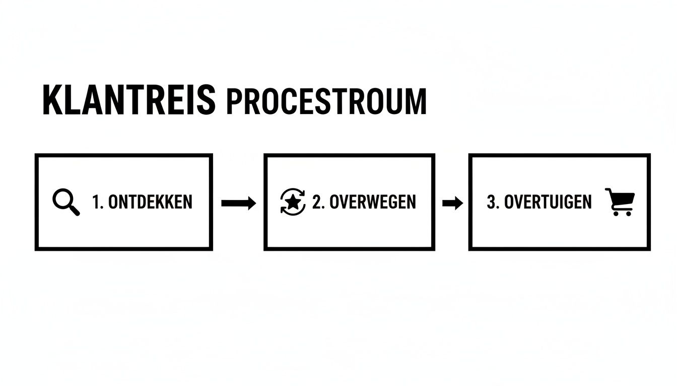 Een stroomschema van de klantreis met drie opeenvolgende fasen: 1. Ontdekken (vergrootglas), 2. Overwegen (ster met pijlen), en 3. Overtuigen (winkelwagen).