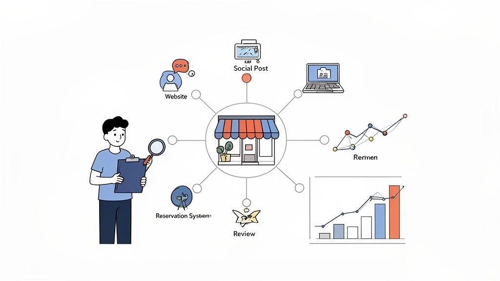 Een illustratie van een bedrijf met verschillende klantcontactpunten zoals website, sociale media, reserveringen en reviews, geanalyseerd door een persoon.