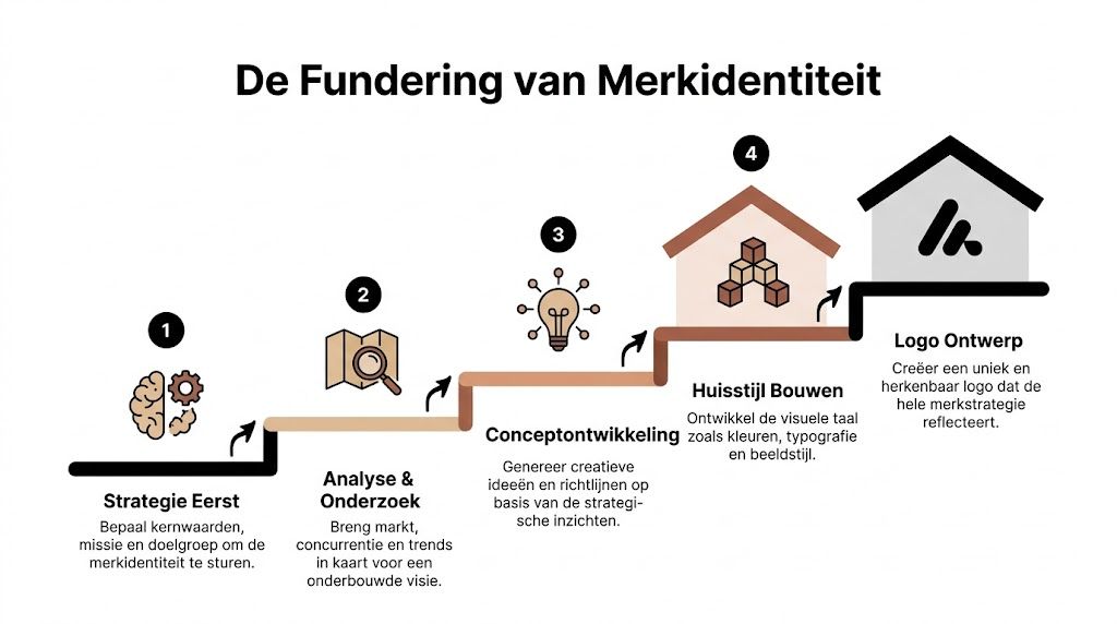 Een stappenplan voor merkidentiteit met vier fasen: strategie, analyse, conceptontwikkeling, huisstijl en logo ontwerp.