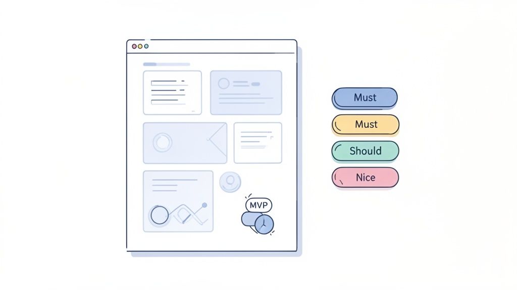 Illustratie van een webapplicatie met componenten en prioriteitslabels zoals 'Must', 'Should' en 'MVP'.