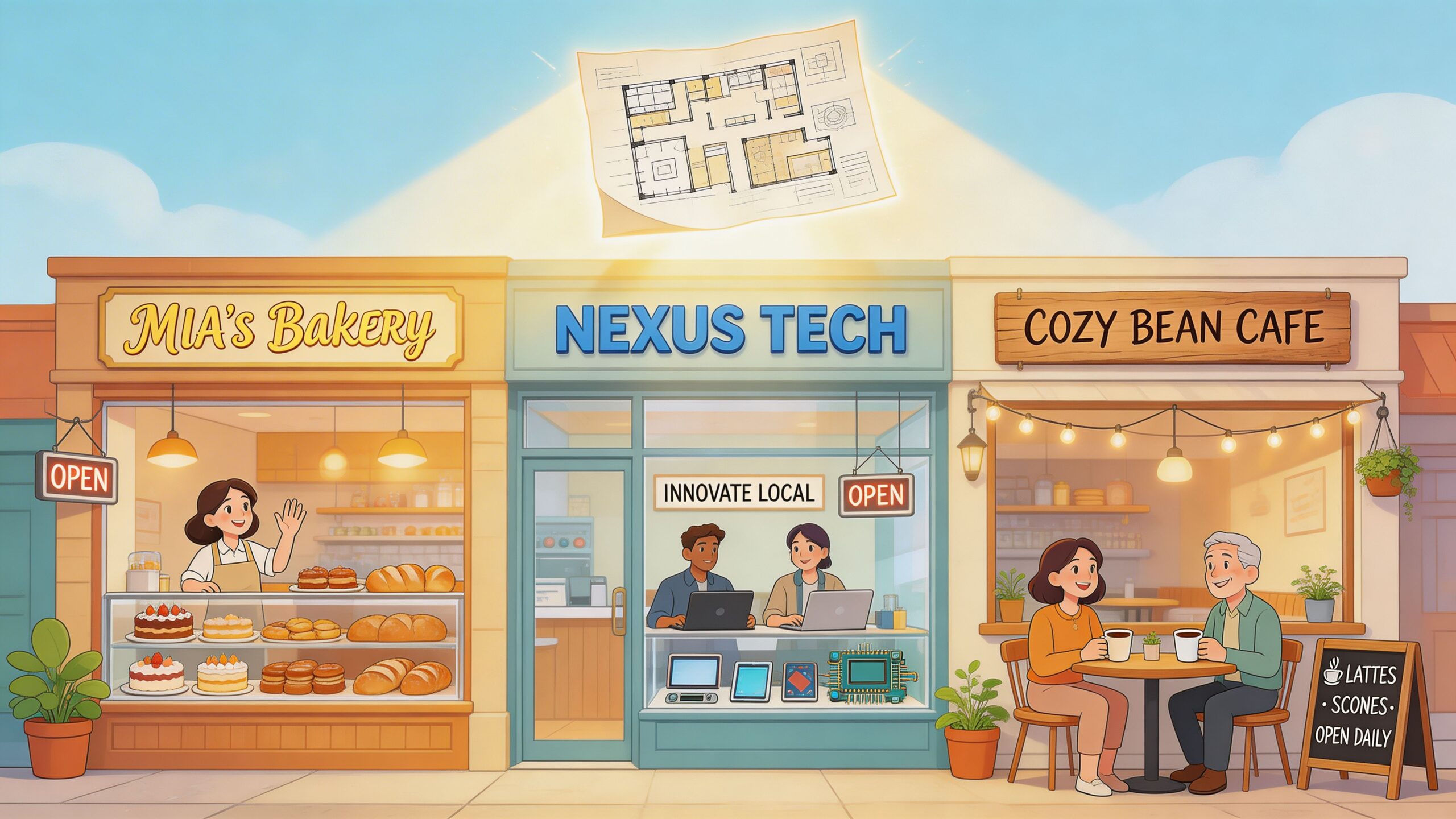 Een winkelstraat met een bakkerij, een techbedrijf en een café met een blauwdruk in de lucht.