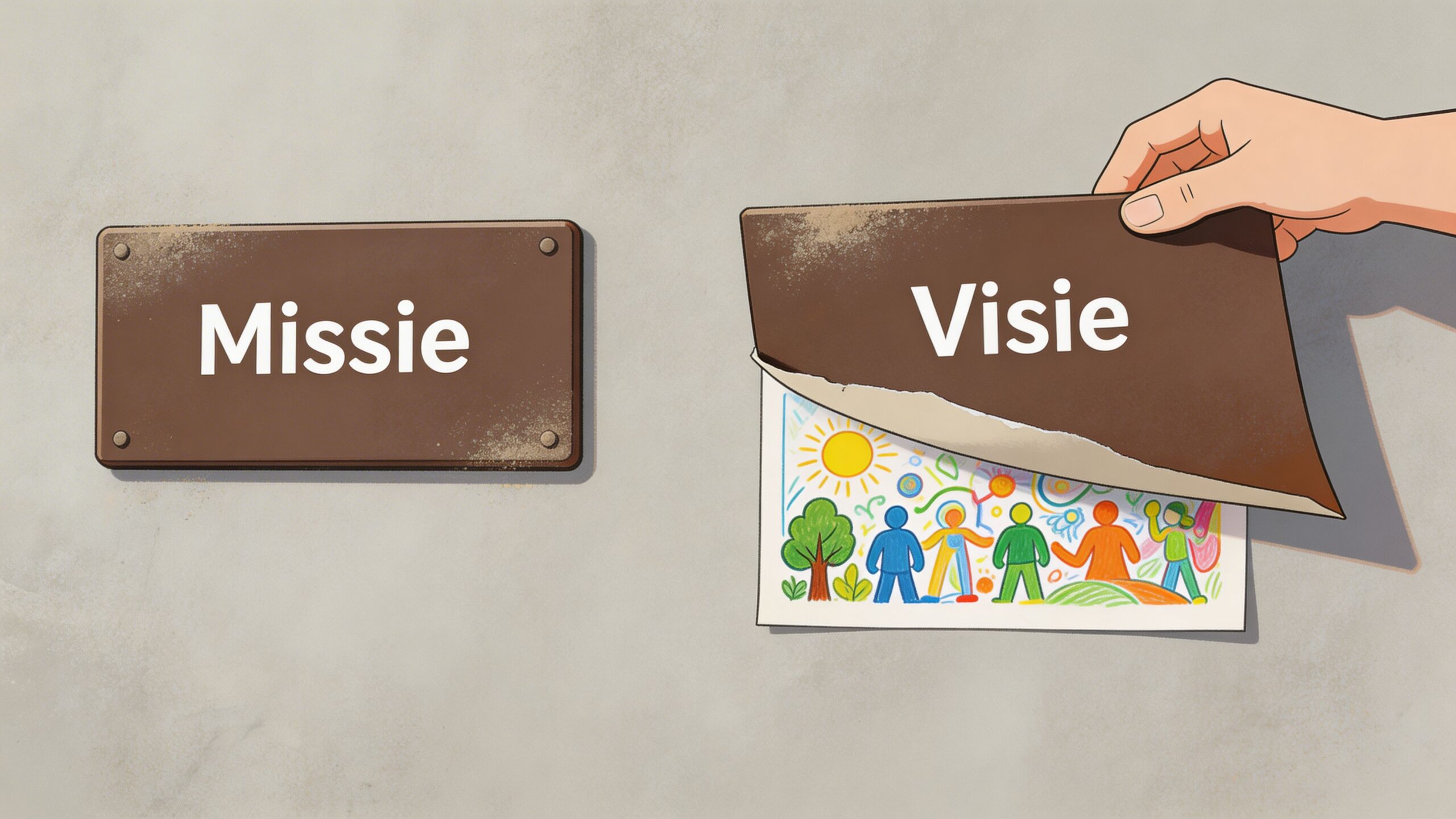 Een hand die een bruin bord met het woord Visie optilt, onthullend een kleurrijke kindertekening eronder.