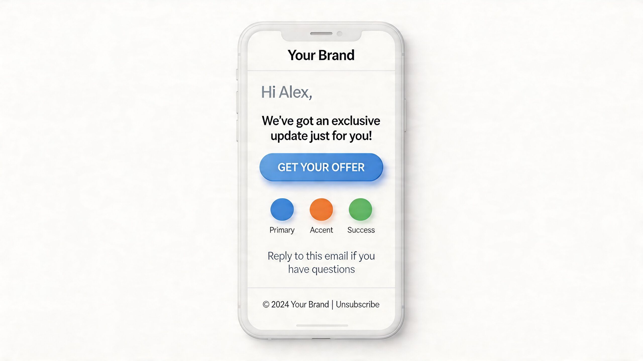 Een smartphone die een marketing e-mail laat zien met een aanbodknop en merknaam voor e-mailmarketing.