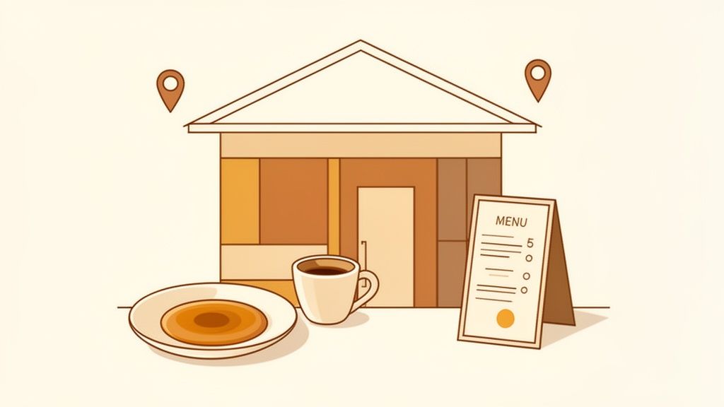 Een illustratie van een gezellig restaurant of café met een menukaart, koffie en eten, geflankeerd door locatiepinnetjes.