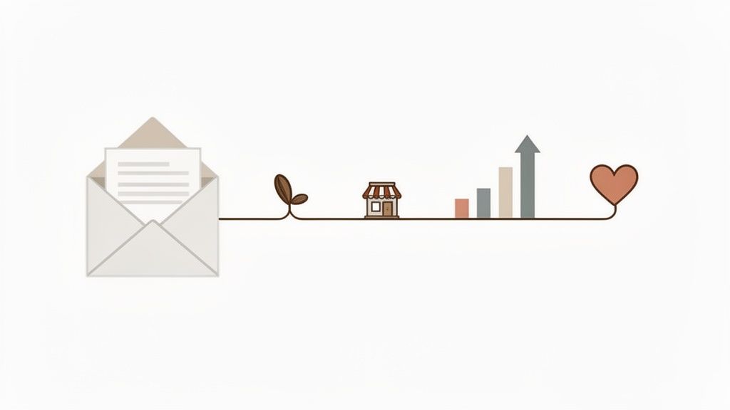 Een illustratie van e-mailmarketing: van bericht via groei naar succes en klanttevredenheid.