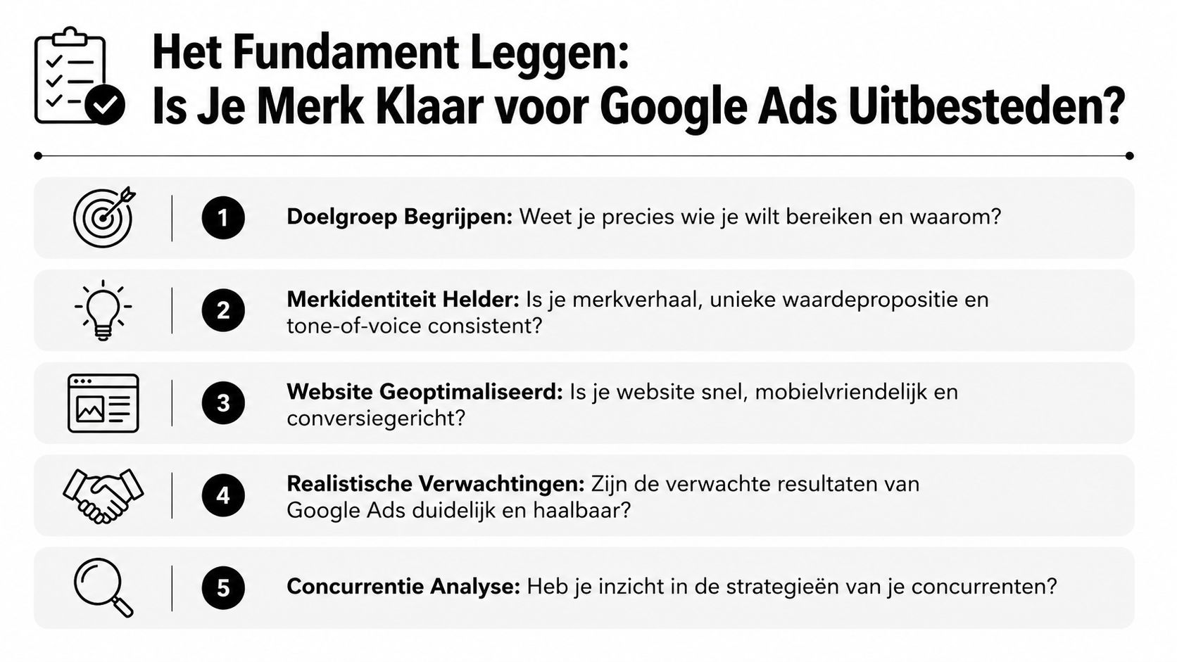 Een informatieve infographic over de vijf stappen om te bepalen of je merk klaar is voor Google Ads uitbesteden.