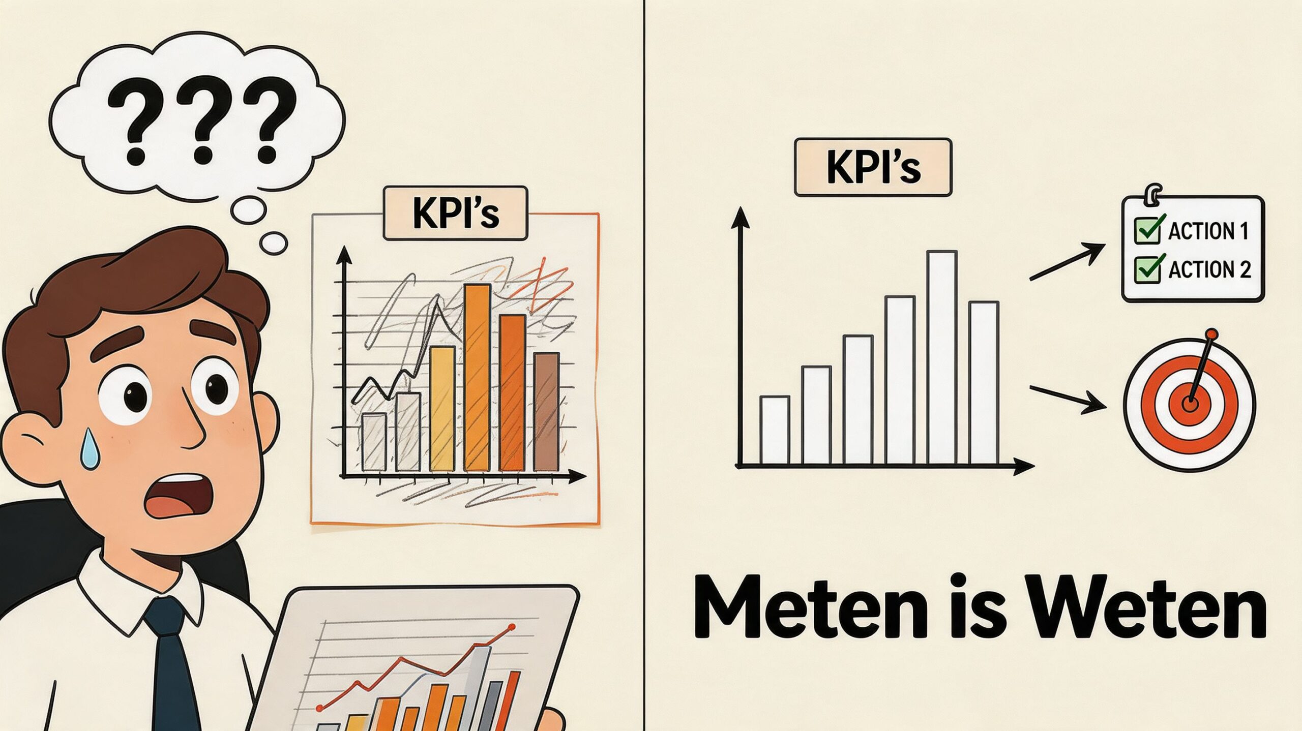 Een verwarde zakenman kijkt naar onduidelijke KPI's, gevolgd door een duidelijk proces van meten naar actie en resultaat.