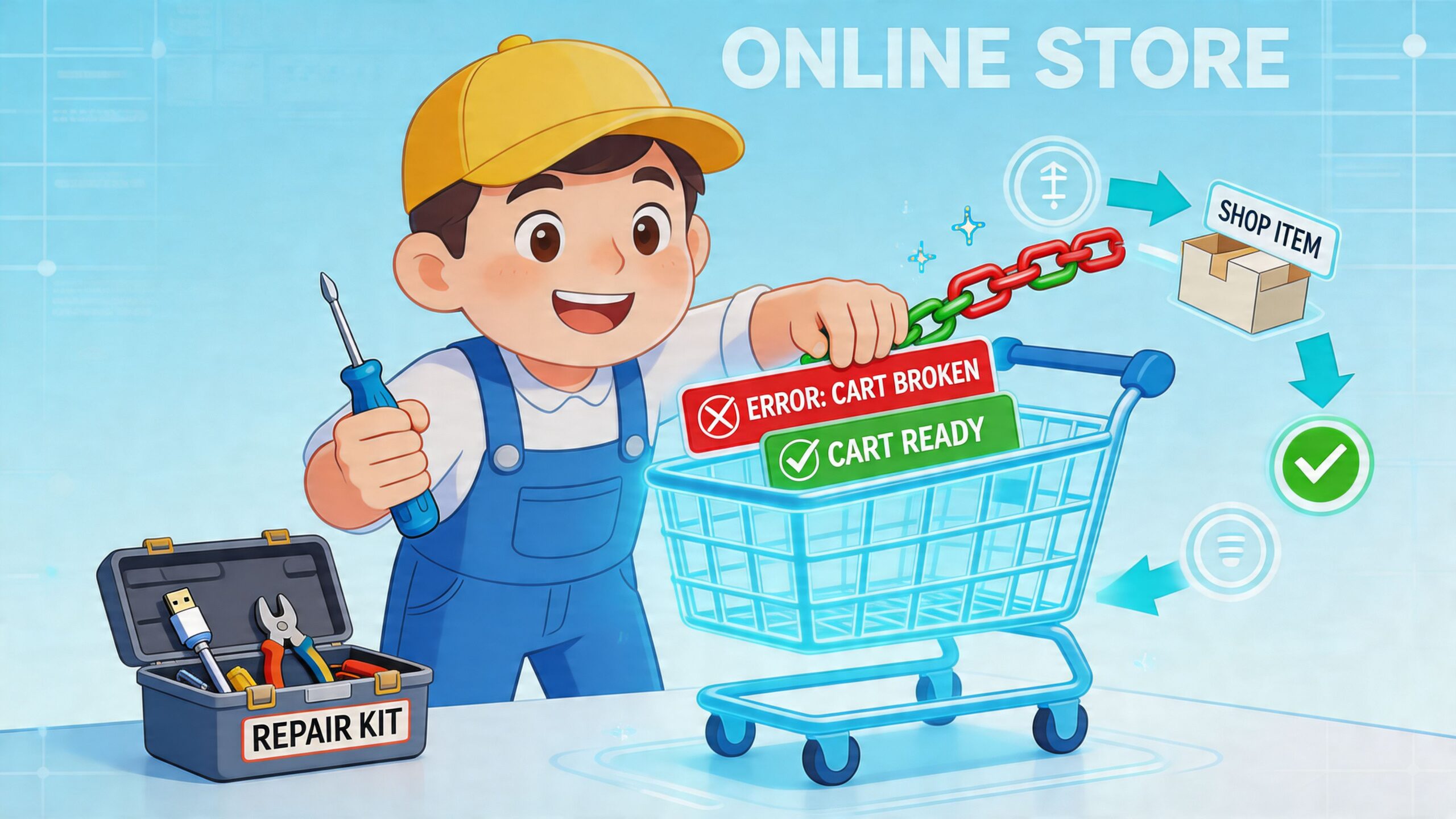 Een vrolijke monteur repareert een digitale winkelwagen in een online winkelomgeving voor geoptimaliseerde e-commerce prestaties.