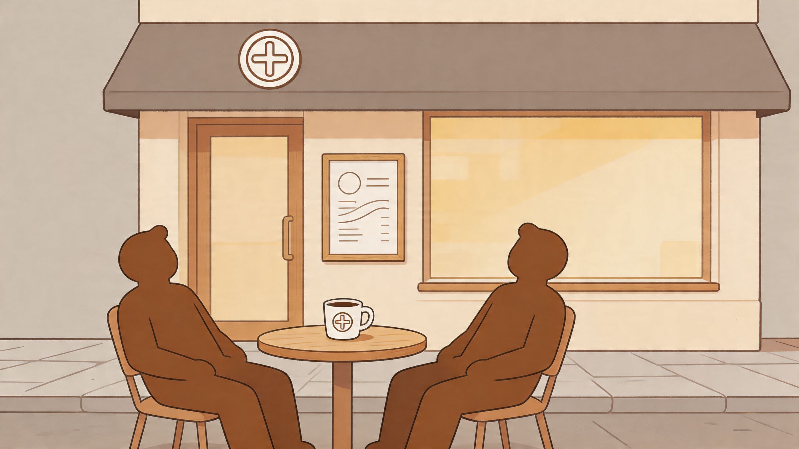 Twee figuren zitten aan een tafeltje voor een cafe met een kop koffie in de branding.