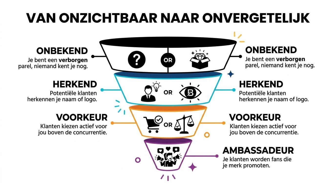 Een marketingtrechter die het proces van onzichtbaarheid naar merkambassadeurschap in vier fasen visueel weergeeft.