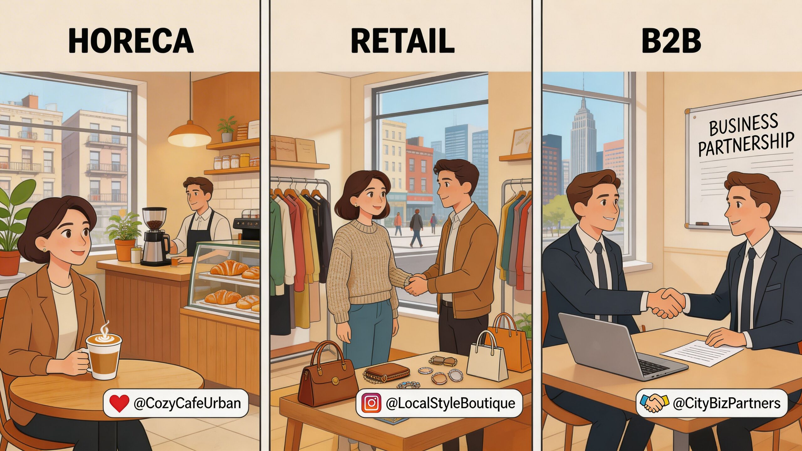 Een illustratie met drie zakelijke segmenten: Horeca, Retail en B2B voor gebruik op Instagram-bedrijfspagina's.