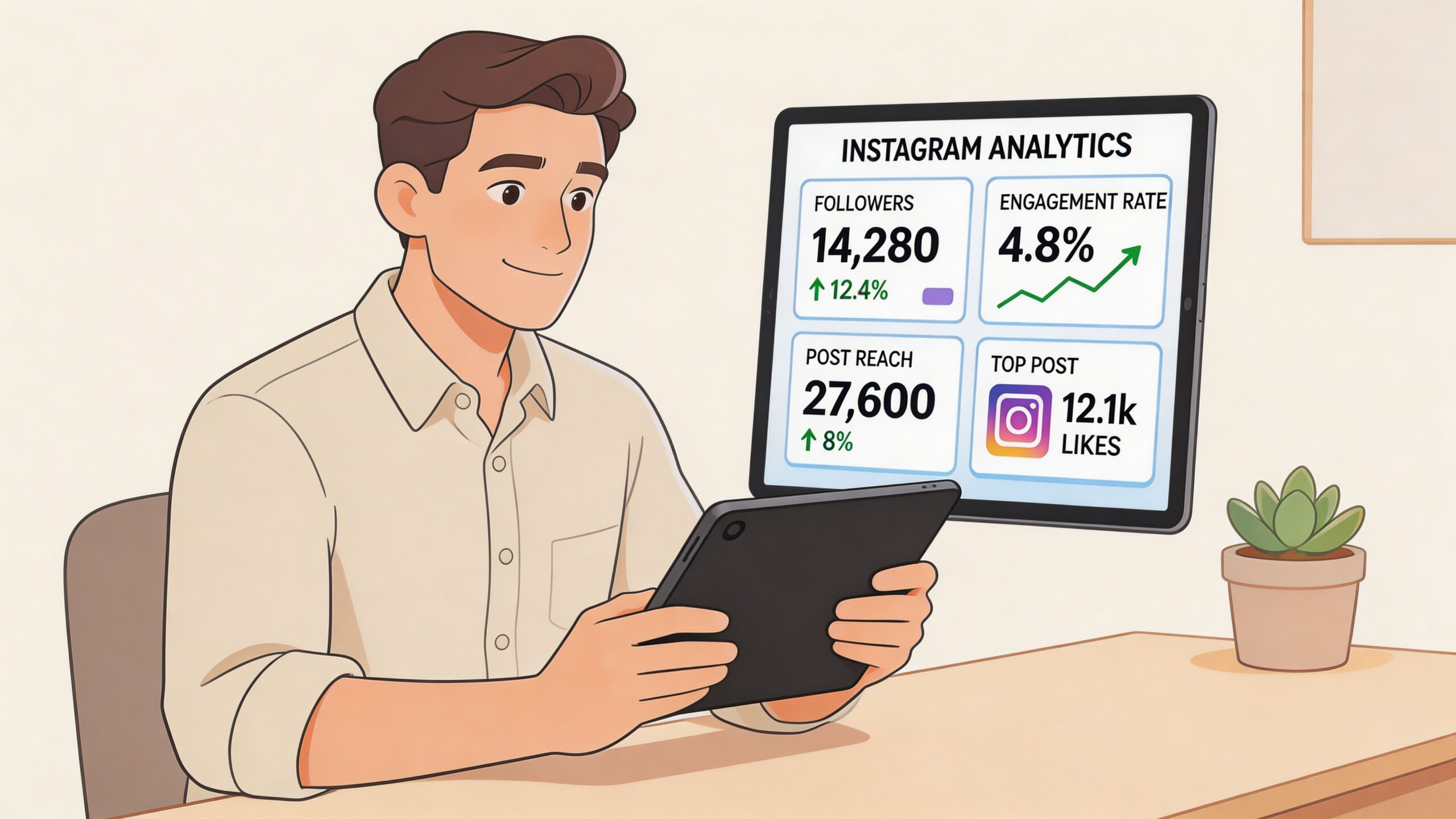 Een man kijkt naar een tablet met een Instagram analytics dashboard met statistieken over volgers en bereik.
