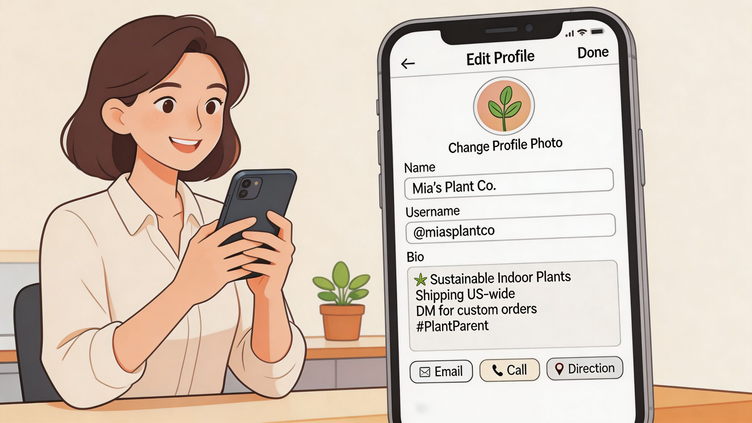Een vrouw in een kantooromgeving bewerkt haar zakelijke Instagram-profiel op haar smartphone.